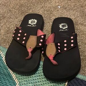 Yellow Box Black Sandals with Pink Polka Dots